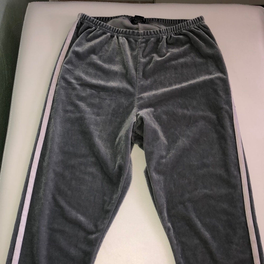 gray white striped velvet joggers / pants .